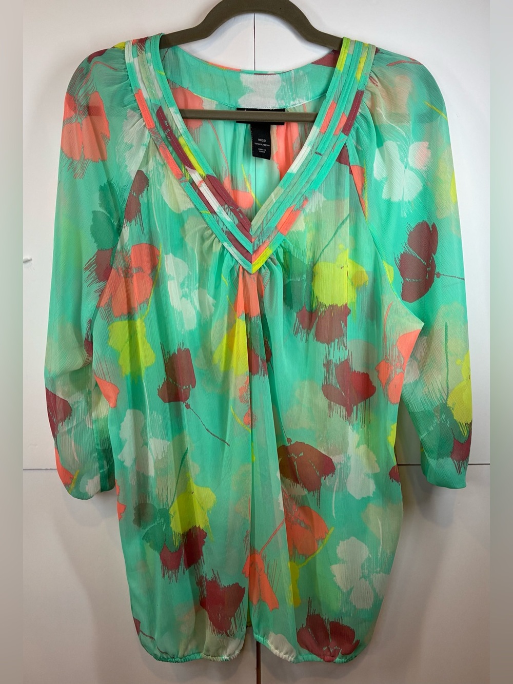 Lane Bryant Floral Sheer Blouse Size 18/20 Aqua Multicolor Elastic Hem Boho